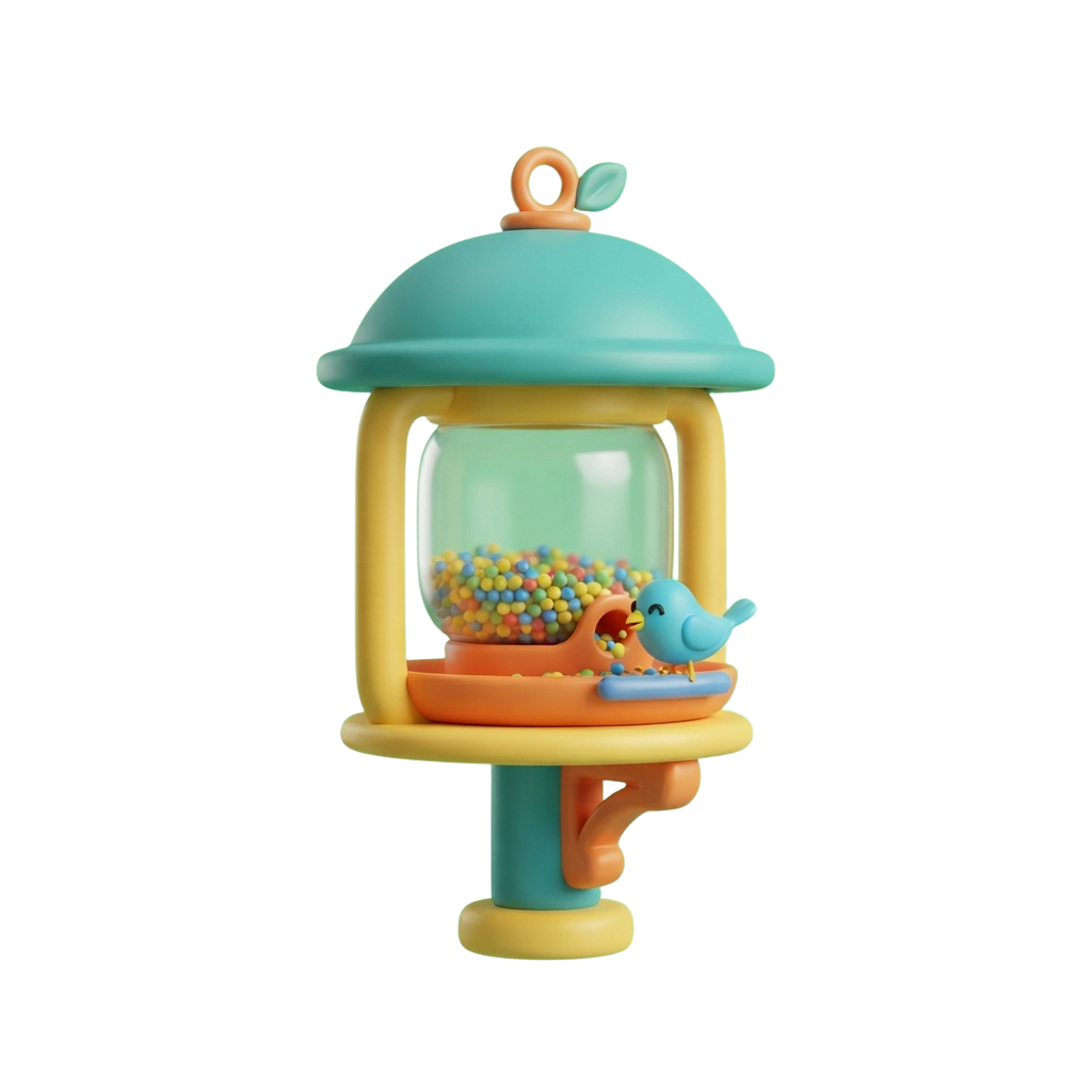 A toy bird feeder with a blue roof, colorful birdseed, and a small blue bird figurine perched on a tray