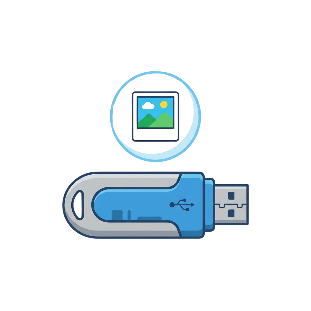USB flash drive graphic with a circular photo icon above it showing a landscape image