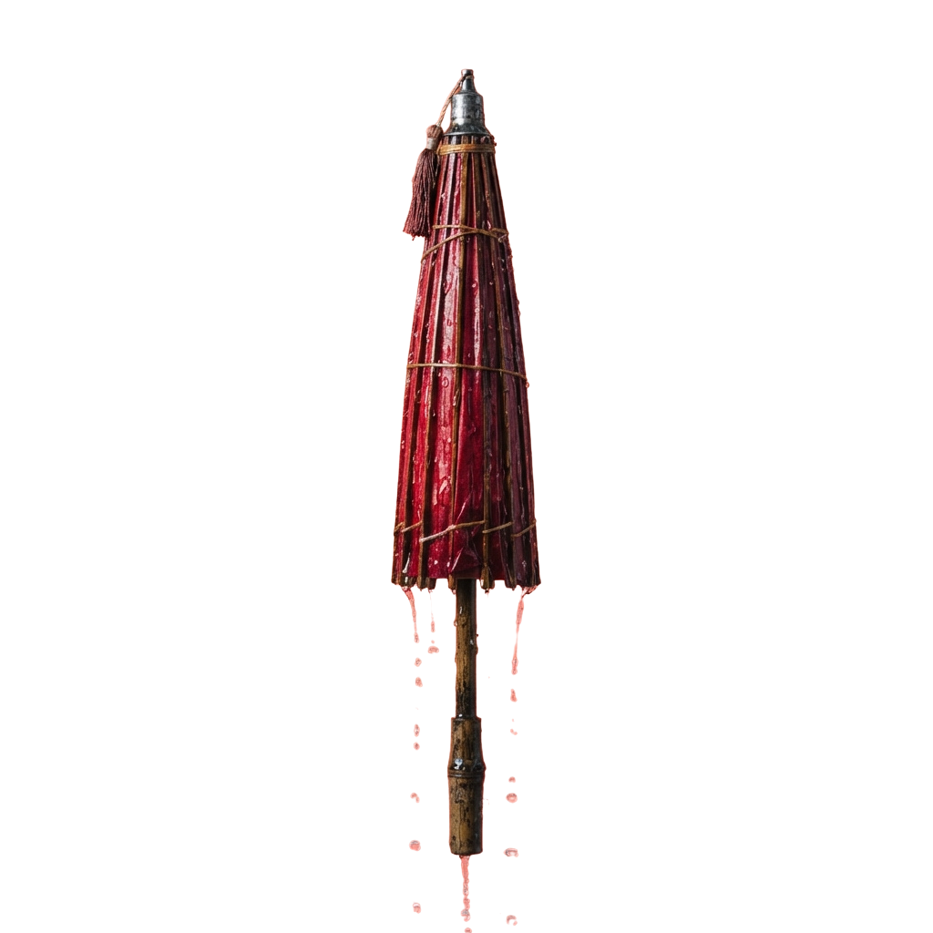 A red umbrella with a wooden handle and metal tip, dripping liquid, set against a black background