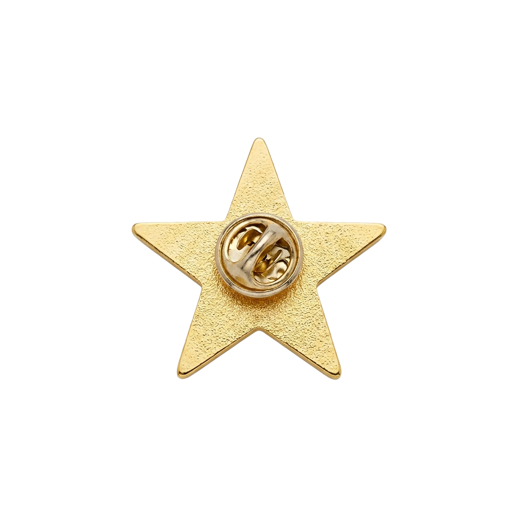 A gold-colored star-shaped lapel pin with a textured surface and a screw-back closure