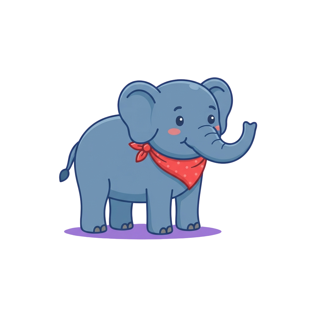 A cheerful cartoon blue elephant standing on a purple base, wearing a red bandana and waving with its trunk