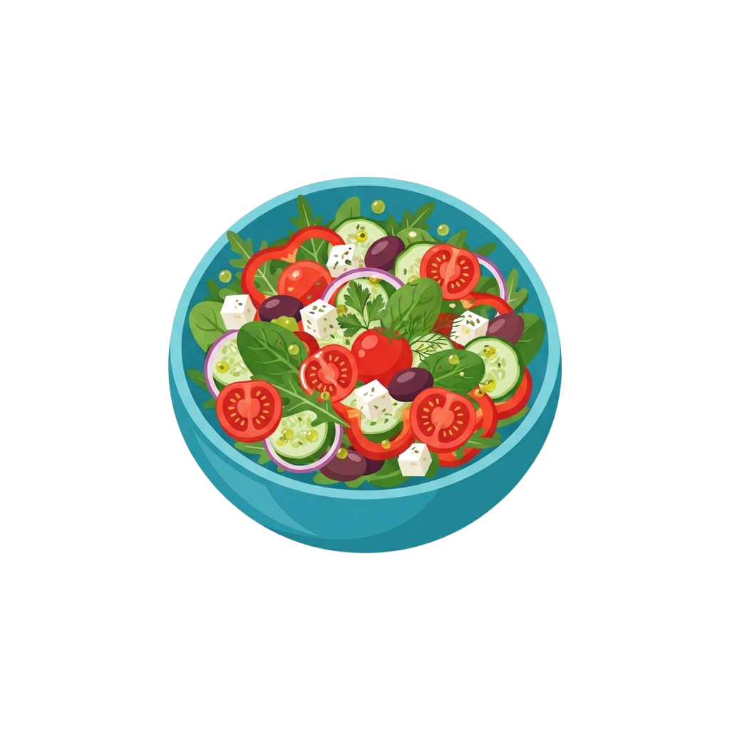 A colorful bowl filled with a fresh vegetable salad including tomatoes, cucumbers, red onions, lettuce, and white cheese chunks