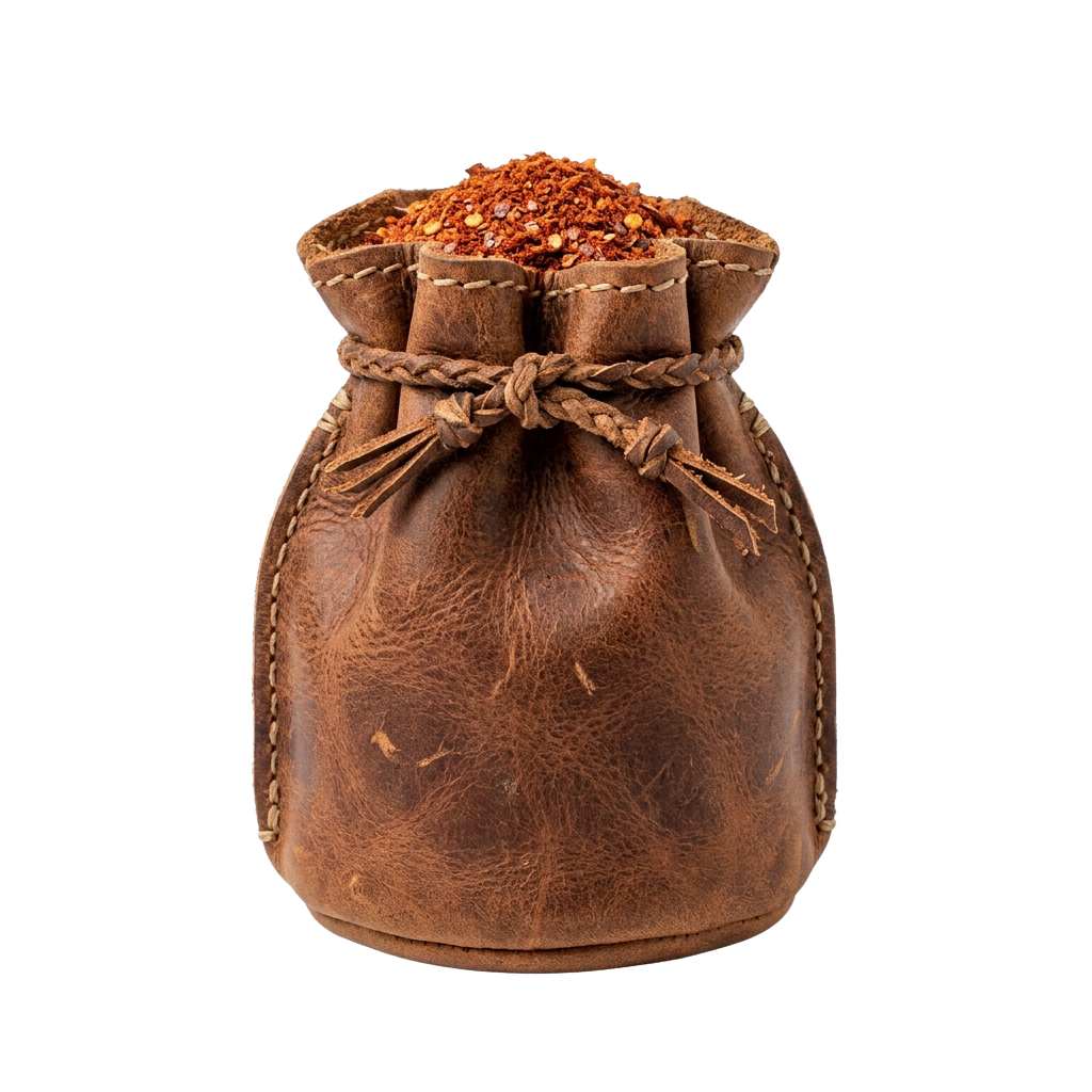 A brown leather pouch tied with twine, filled with red chili flakes.