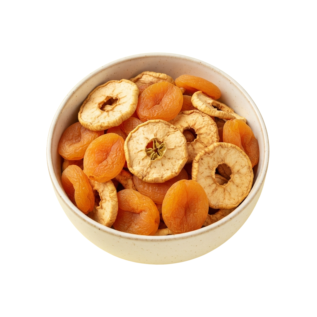 A bowl of dried fruit slices including apricots and apple rings with star-shaped centers