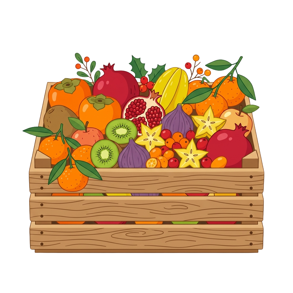 Colorful Wooden Crate of Fresh Tropical and Exotic Fruits Illustration - Exotic Winter Fruit Leeks And Green Onions Month 35
