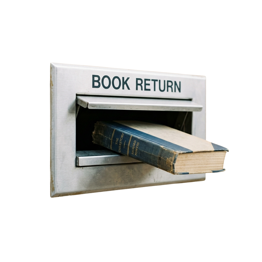 A book return slot containing two old books with visible spines and titles.