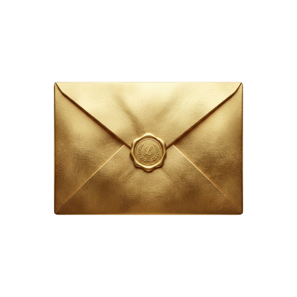 A gold-colored envelope featuring a wax seal with a laurel wreath and monogram symbol in the center