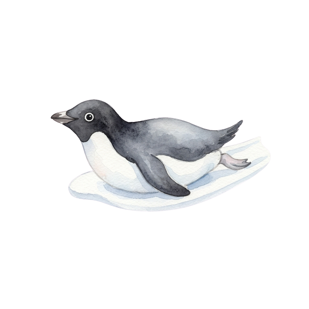 A cute watercolor-style penguin chick sliding on a small ice floe