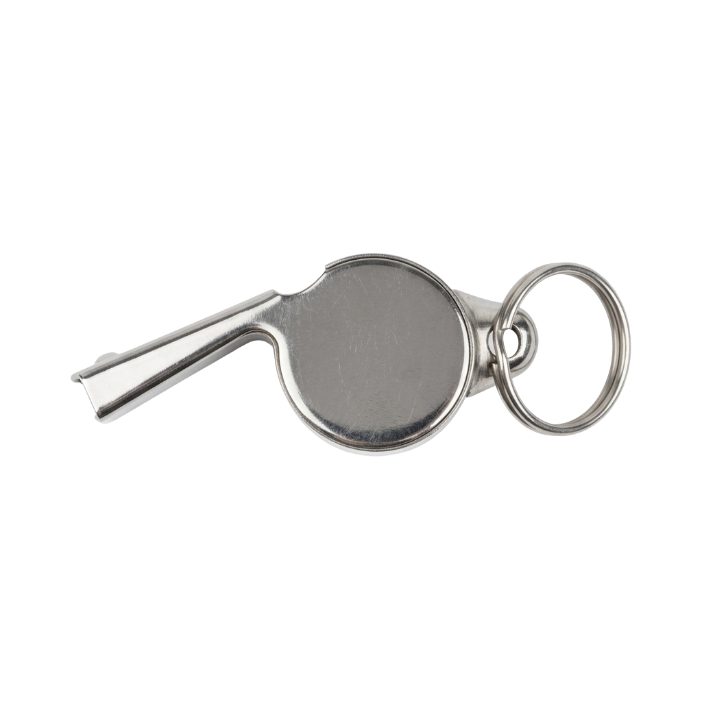 A small stainless steel keychain whistle with a loop for attachment.