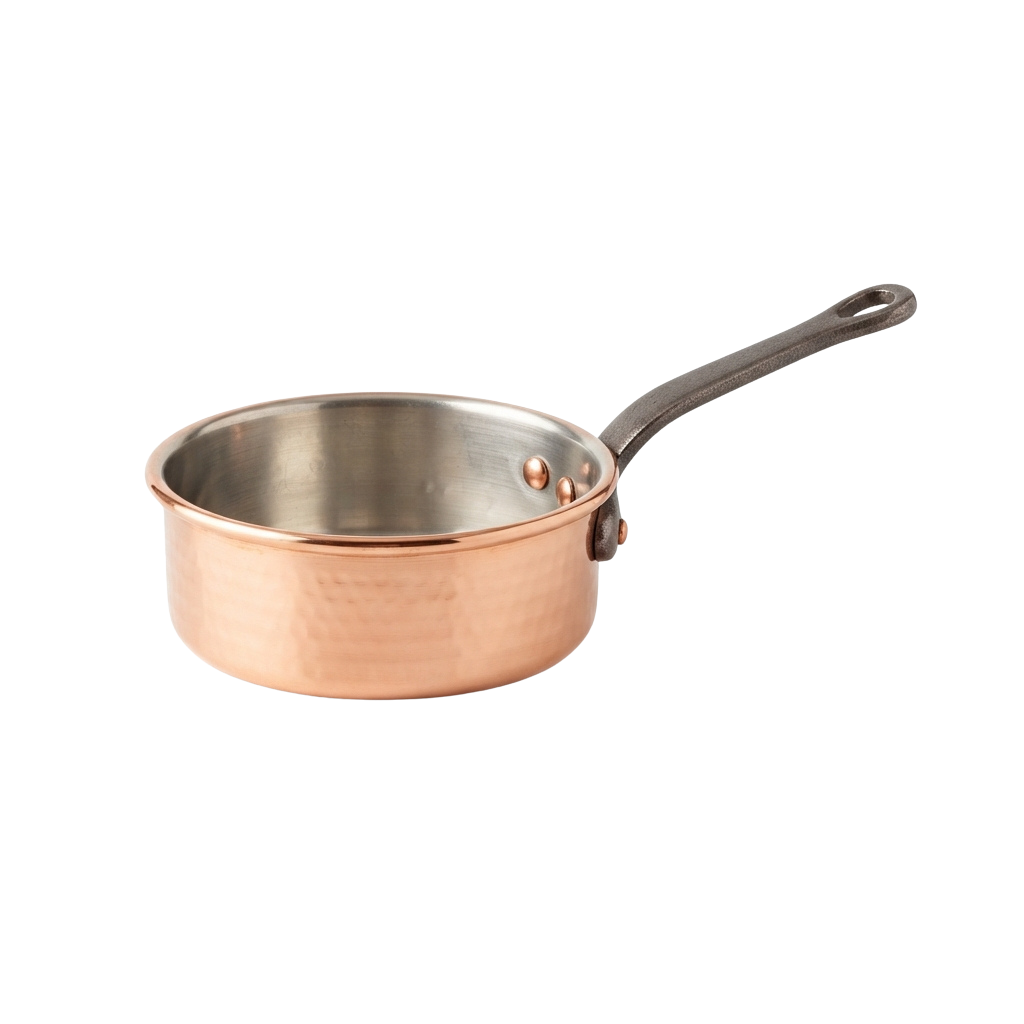 Small copper pan with a stainless steel handle and riveted attachment