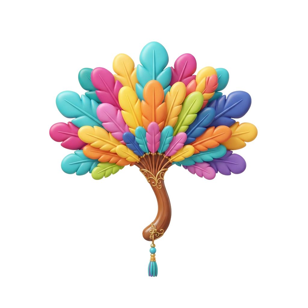 A stylized 3D bundle of multicolored leaves in vibrant shades of pink, blue, yellow, green, and purple