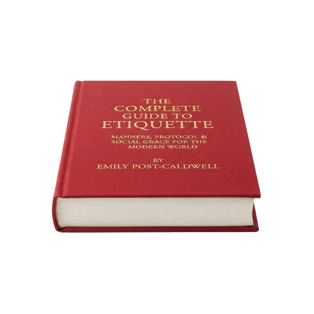 Red hardcover book titled The Complete Guide to Etiquette with gold lettering on a white spine