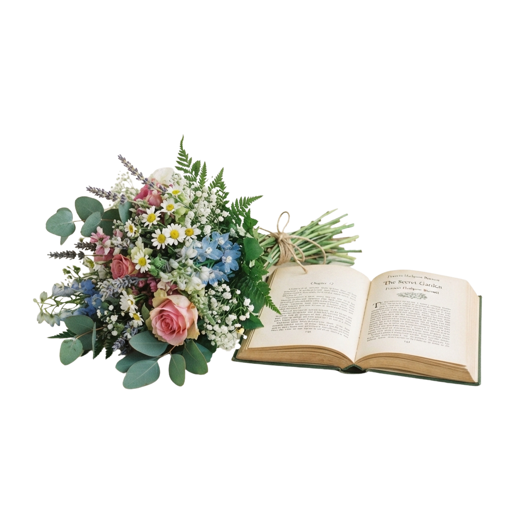 A colorful flower bouquet tied with twine next to an open book titled The Secret Garden