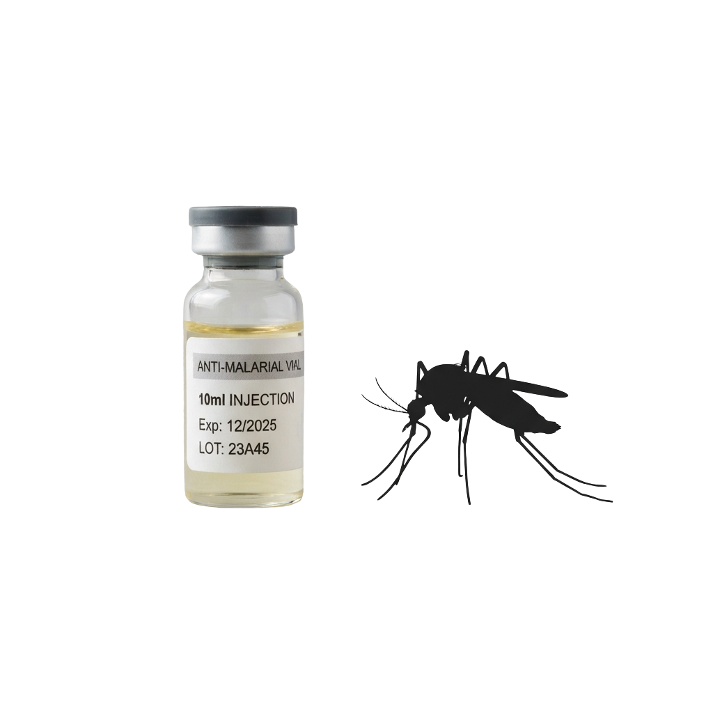Vial labeled anti-malaria injection with expiration date and lot number next to mosquito drawing