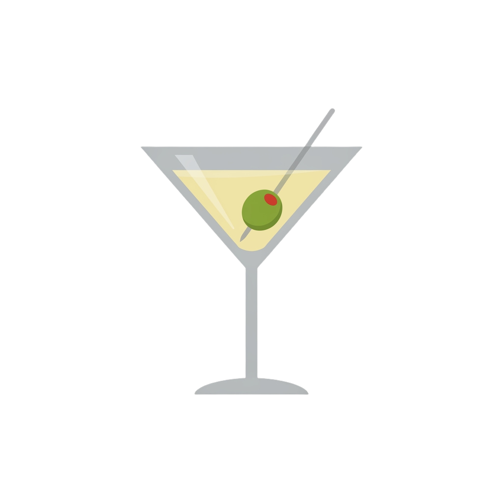 A stylized illustration of a martini glass filled with a pale liquid and garnished with an olive on a skewer.