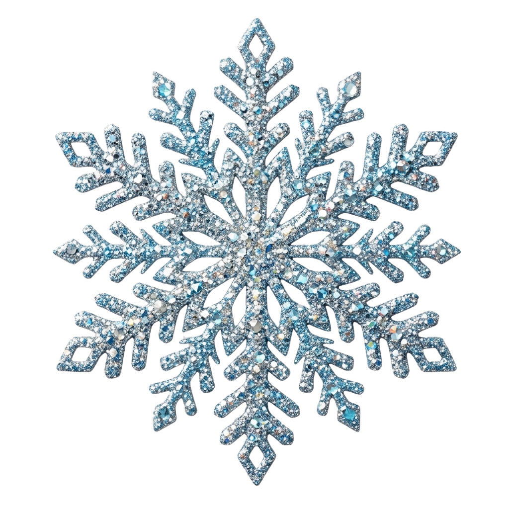 A detailed, symmetrical snowflake with a glittery, blue-tinted crystal texture against a black background