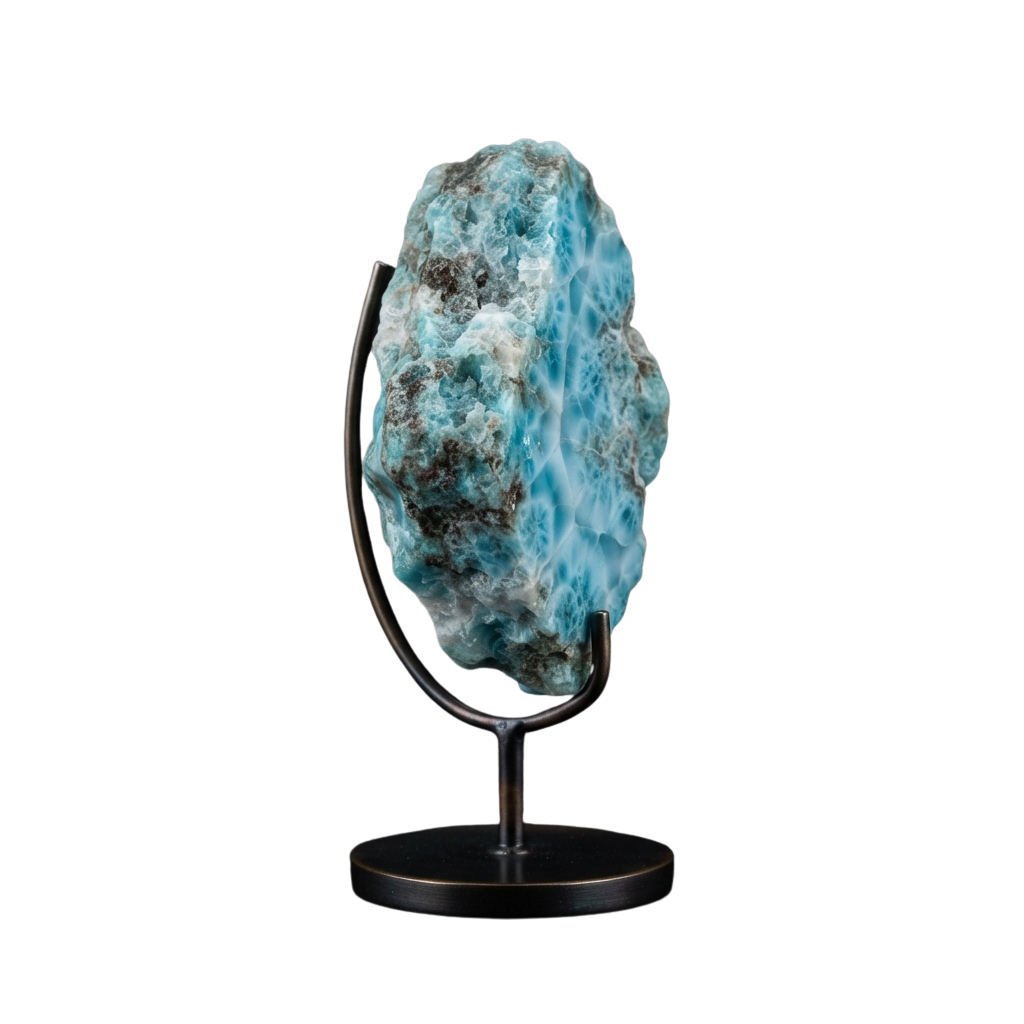A blue turquoise mineral rock displayed on a metal stand against a black background