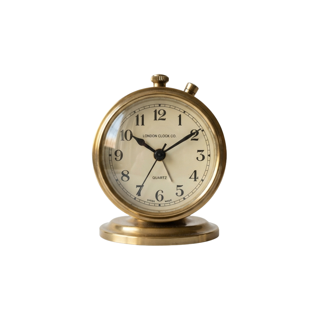 Gold-colored vintage quartz analog alarm clock with a round face and stand, displaying time 10:08.