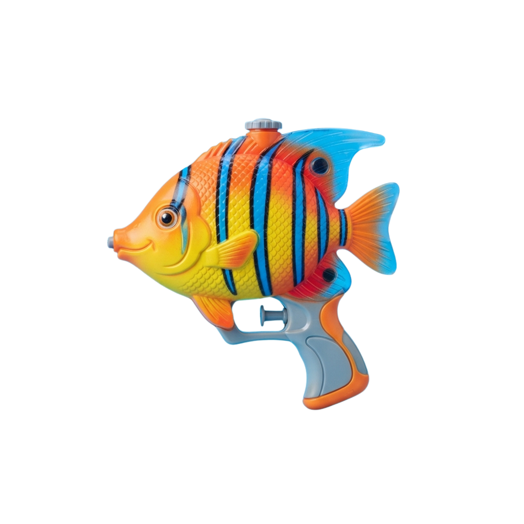 A toy water gun designed to look like a clownfish with bright yellow, orange, and blue stripes