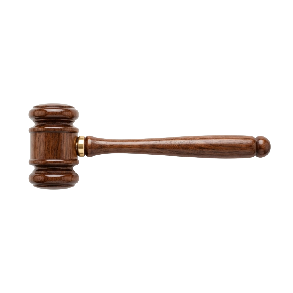 A polished wooden gavel with a brass head used in legal settings