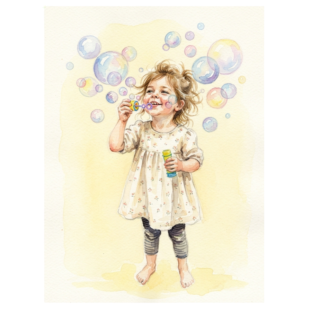 A young child blowing bubbles with a wand and smiling, surrounded by colorful soap bubbles.