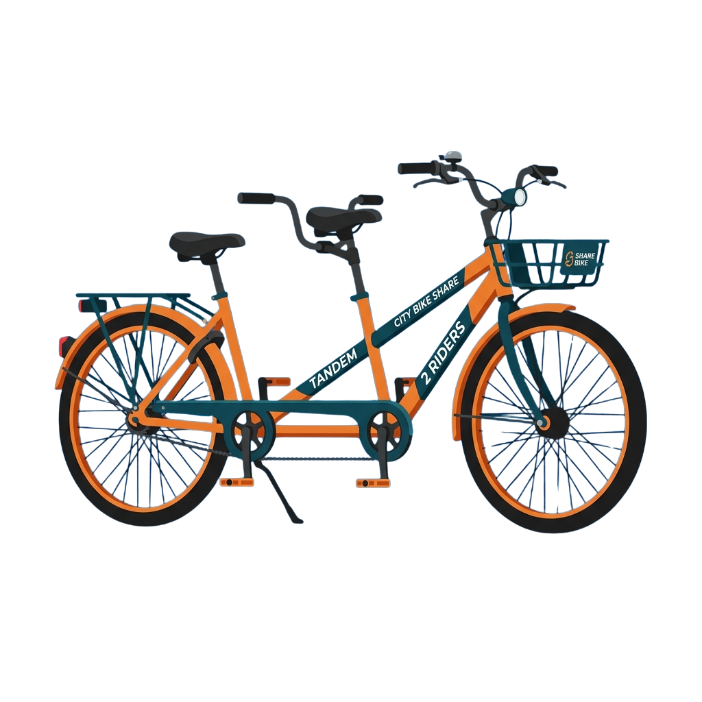 Tandem bike with two seats, orange and teal frame, designed for two riders, with a front basket and bike share branding.