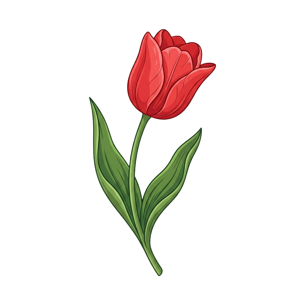 Illustration of a single red tulip with green leaves and stem on a black background