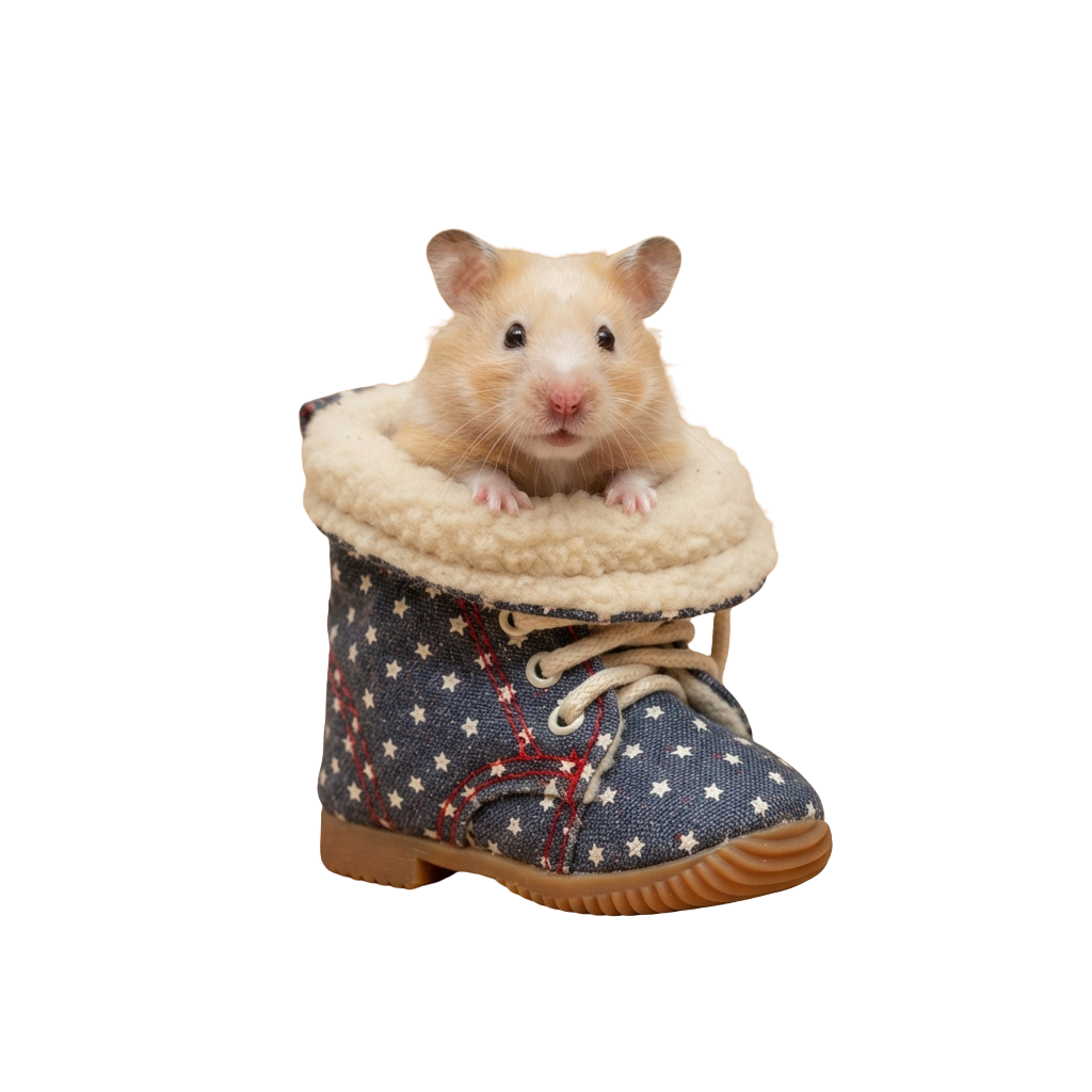 A small hamster with light fur peeking out from a fluffy-lined boot with star pattern design
