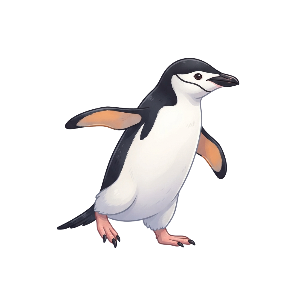 Illustration of a Gentoo penguin standing upright on two feet with orange webbing between its toes