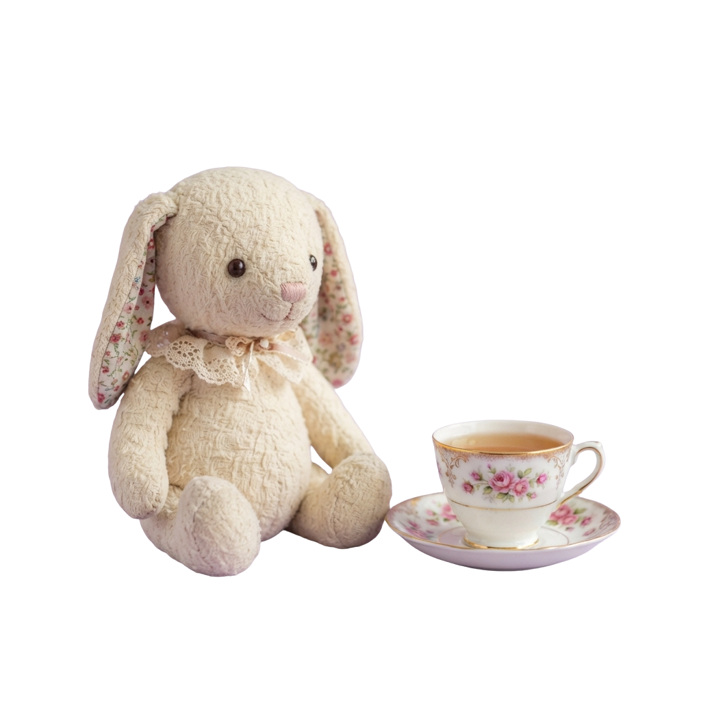 A light beige stuffed rabbit with a floral bow sitting next to a floral-patterned teacup and saucer