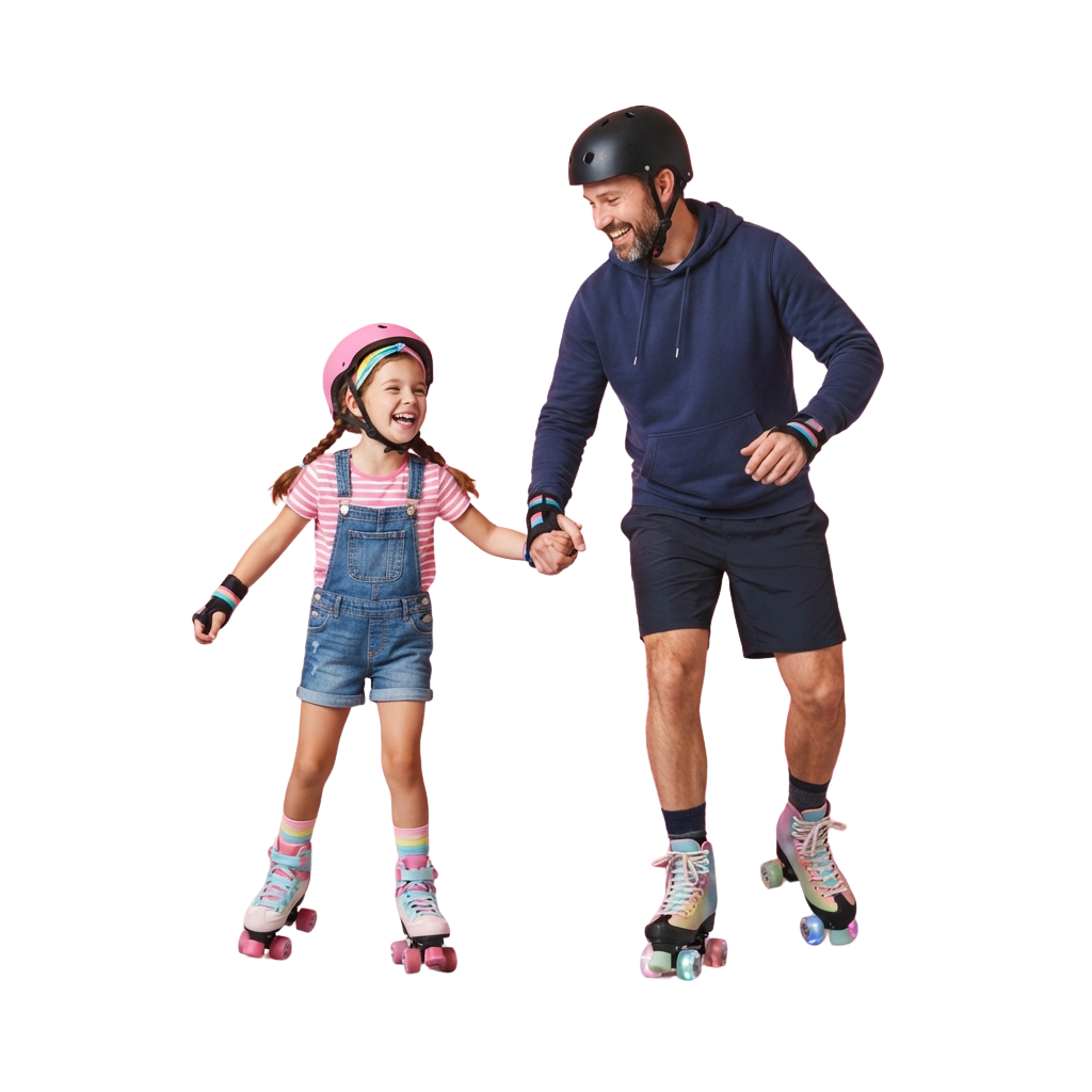An adult and child holding hands while roller skating, both wearing helmets and protective gear.
