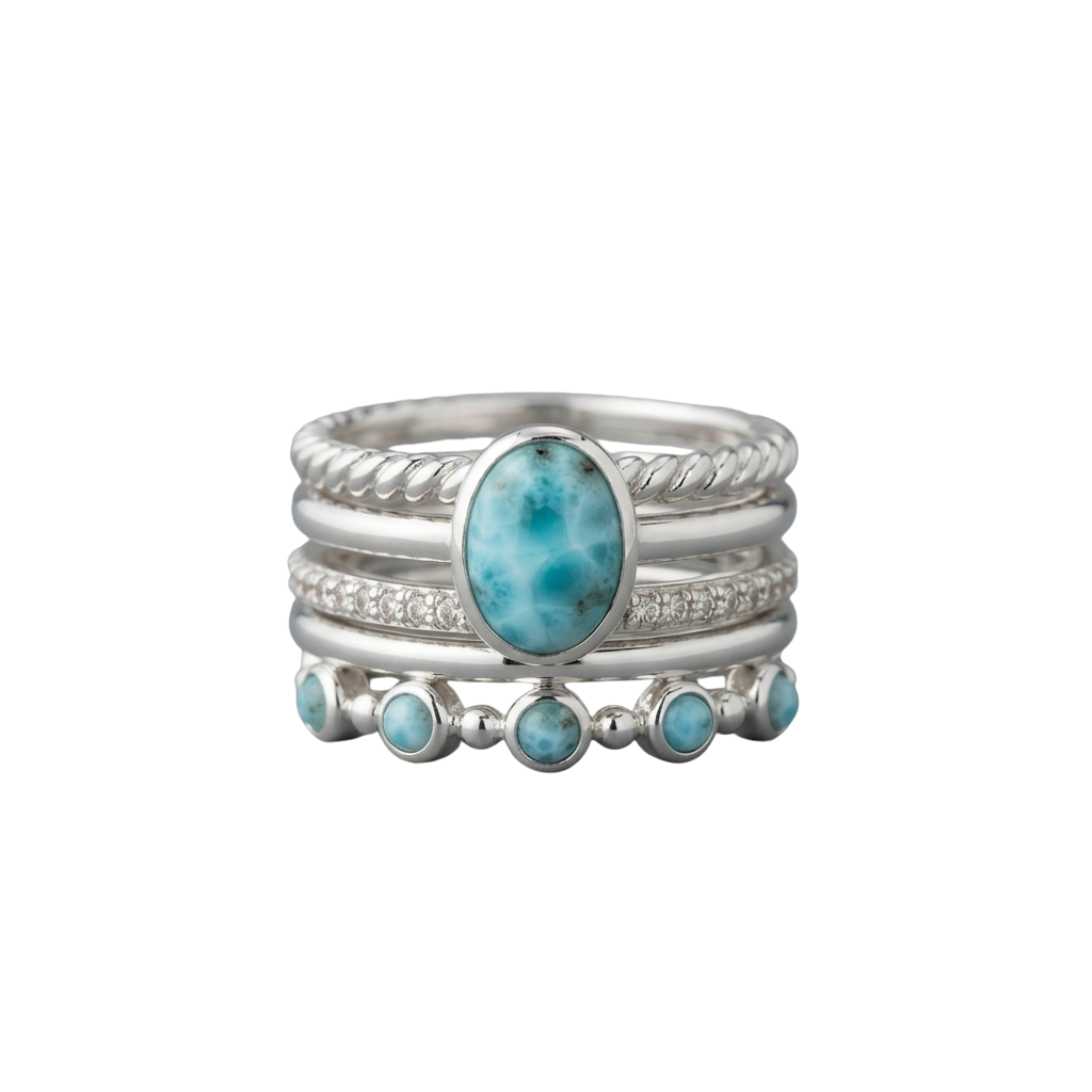 Stack of silver rings featuring a large turquoise stone in the center and smaller turquoise beads on the bottom ring