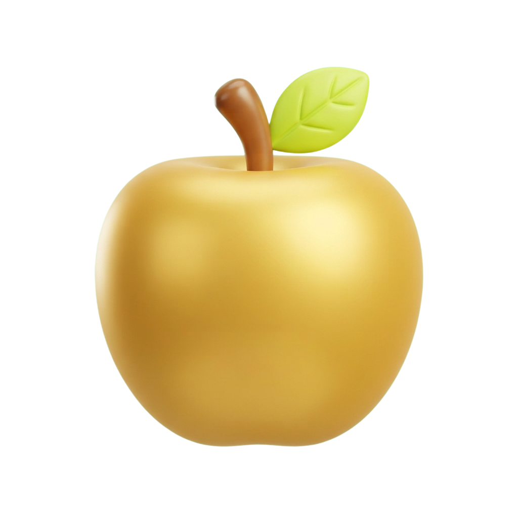 A shiny golden apple with a green leaf and brown stem on a black background