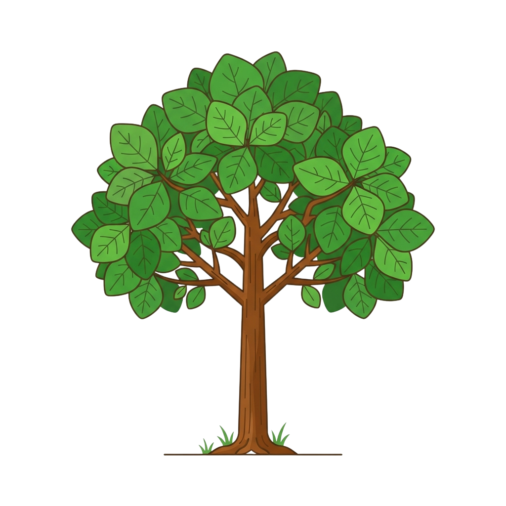 A stylized illustration of a green leafy tree with a brown trunk and branches against a black background