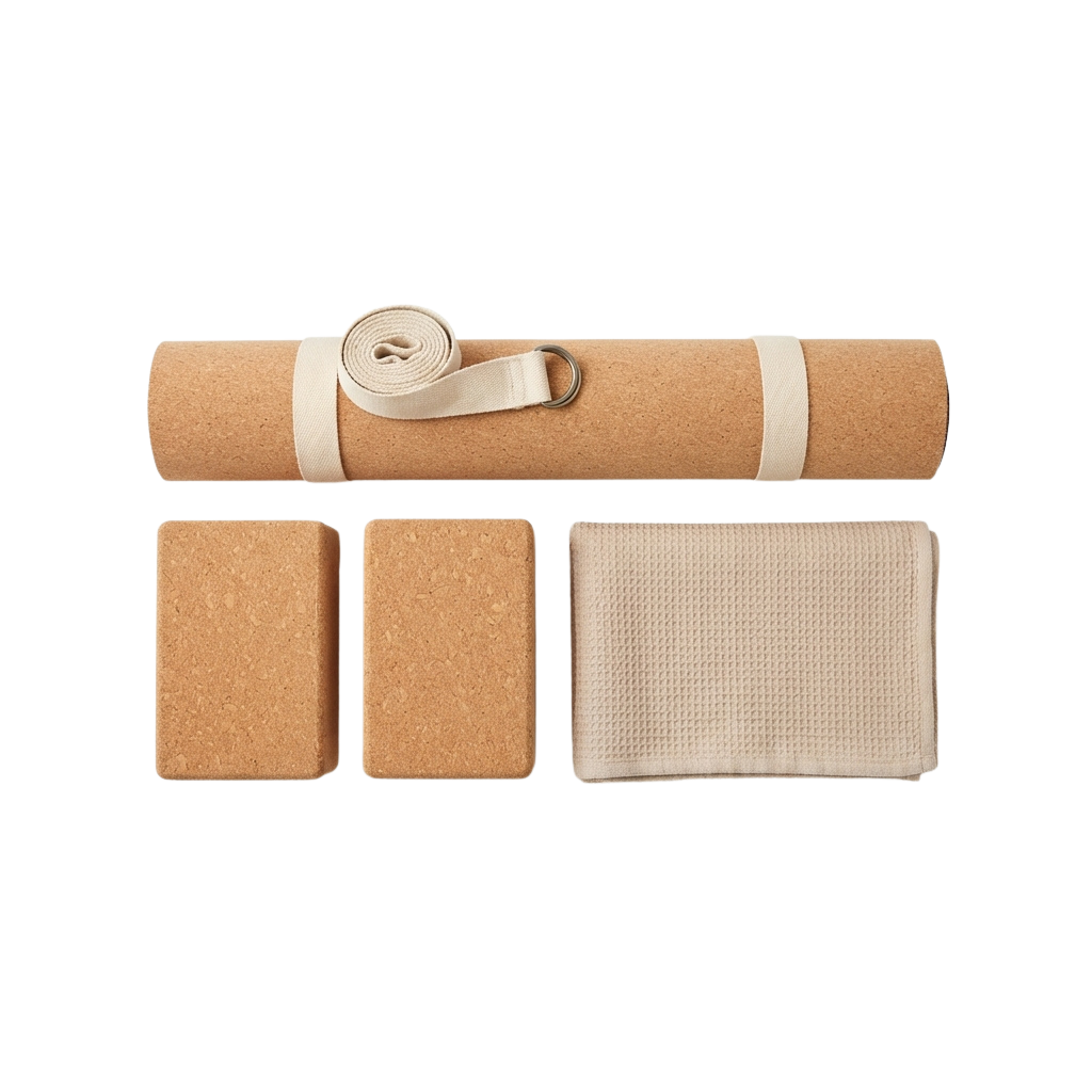 A yoga mat roller with straps and two rectangular blocks, plus a folded towel or strap cover