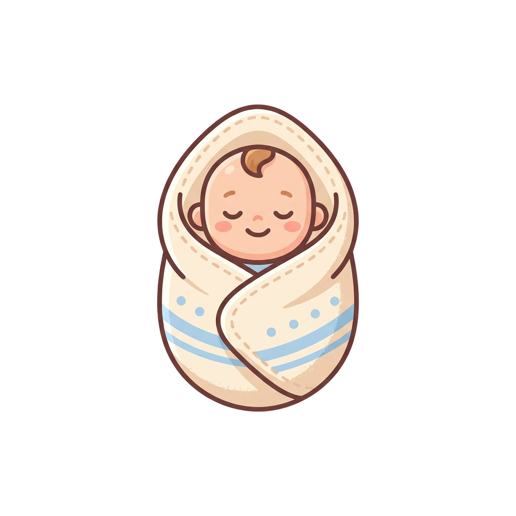 A smiling baby wrapped snugly in a light blue and white swaddle blanket with dotted patterns