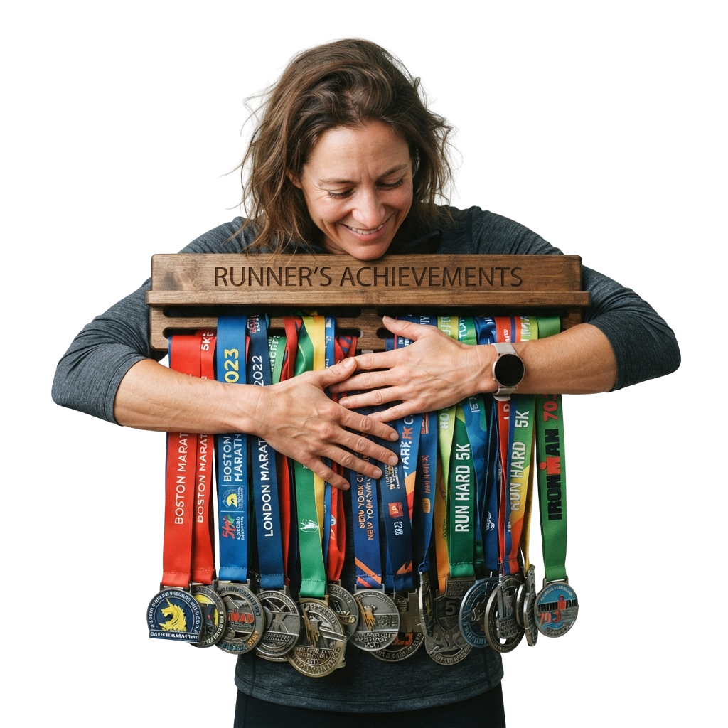 Person holding a wooden plaque labeled Runners Achievements with multiple colorful race medals and ribbons.