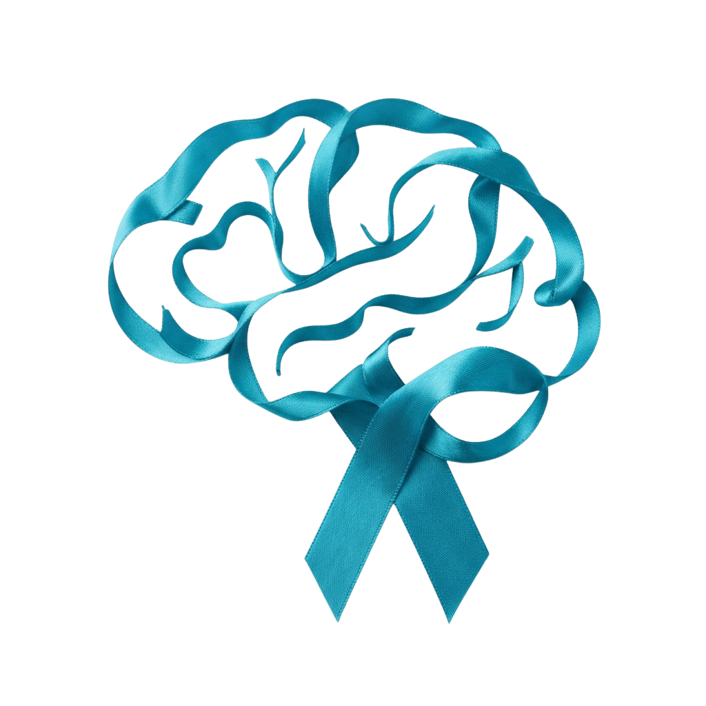 A blue brain graphic with a blue awareness ribbon underneath on a black background