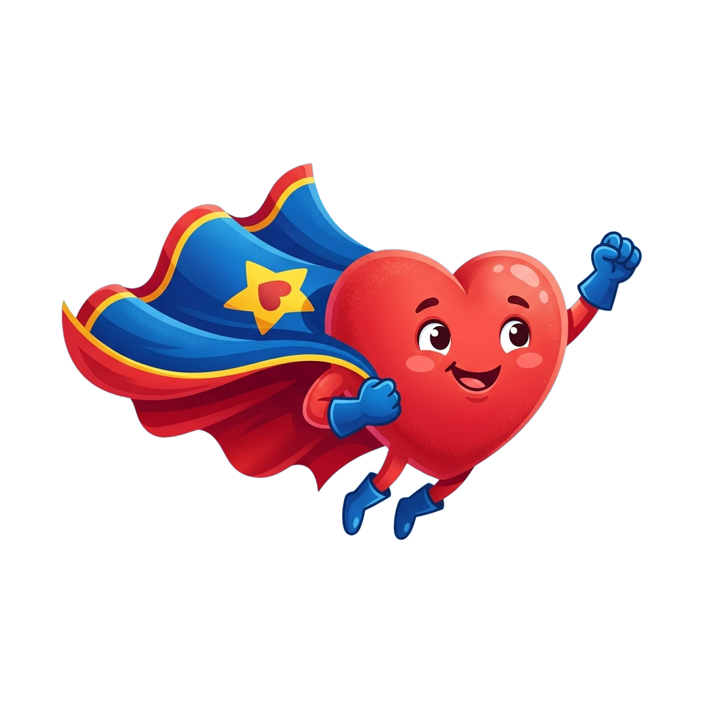 Smiling heart character wearing a blue and white flag with a Star of David as a cape, flexing its arm