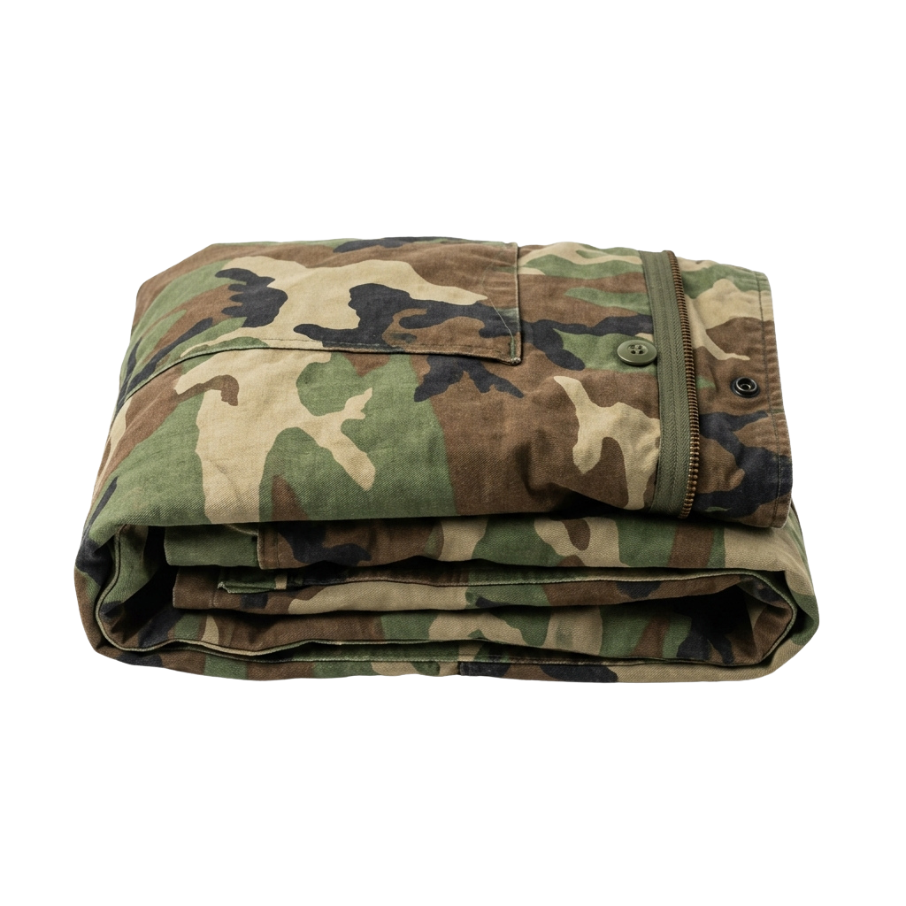 Two folded camouflage patterned fabric pieces stacked on top of each other