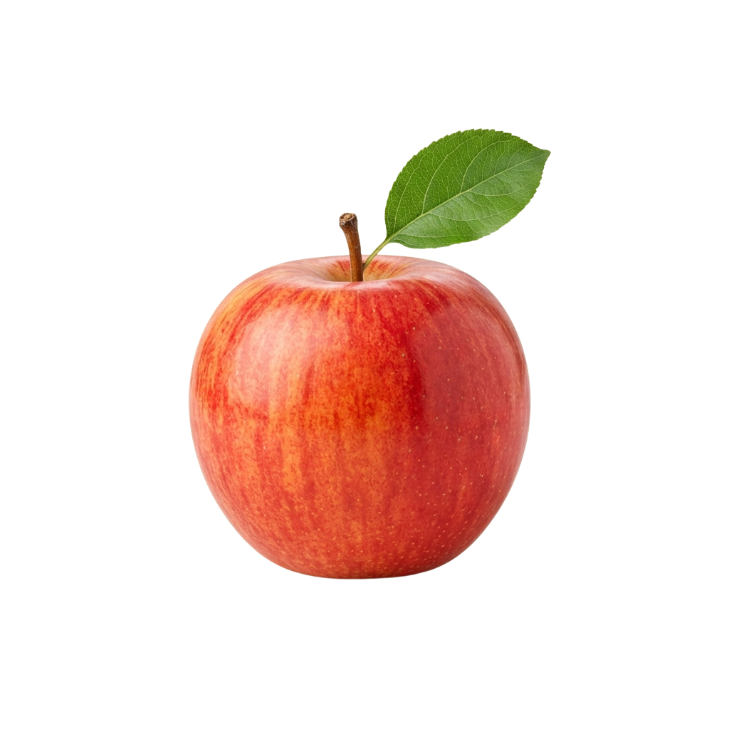 A single ripe red apple with a green leaf attached, set against a black background