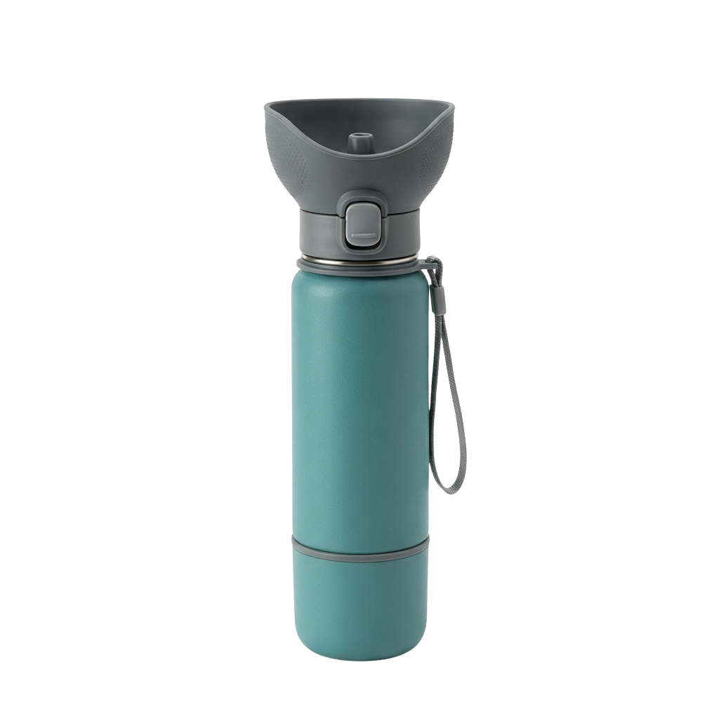 A turquoise insulated water bottle with a grey lid and carabiner loop attached to the side