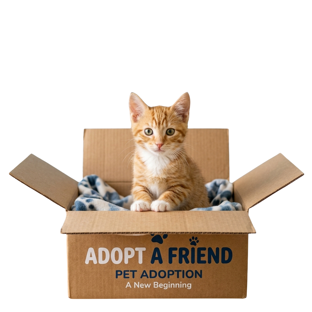 Orange and white kitten sitting inside an open cardboard box with pet adoption message