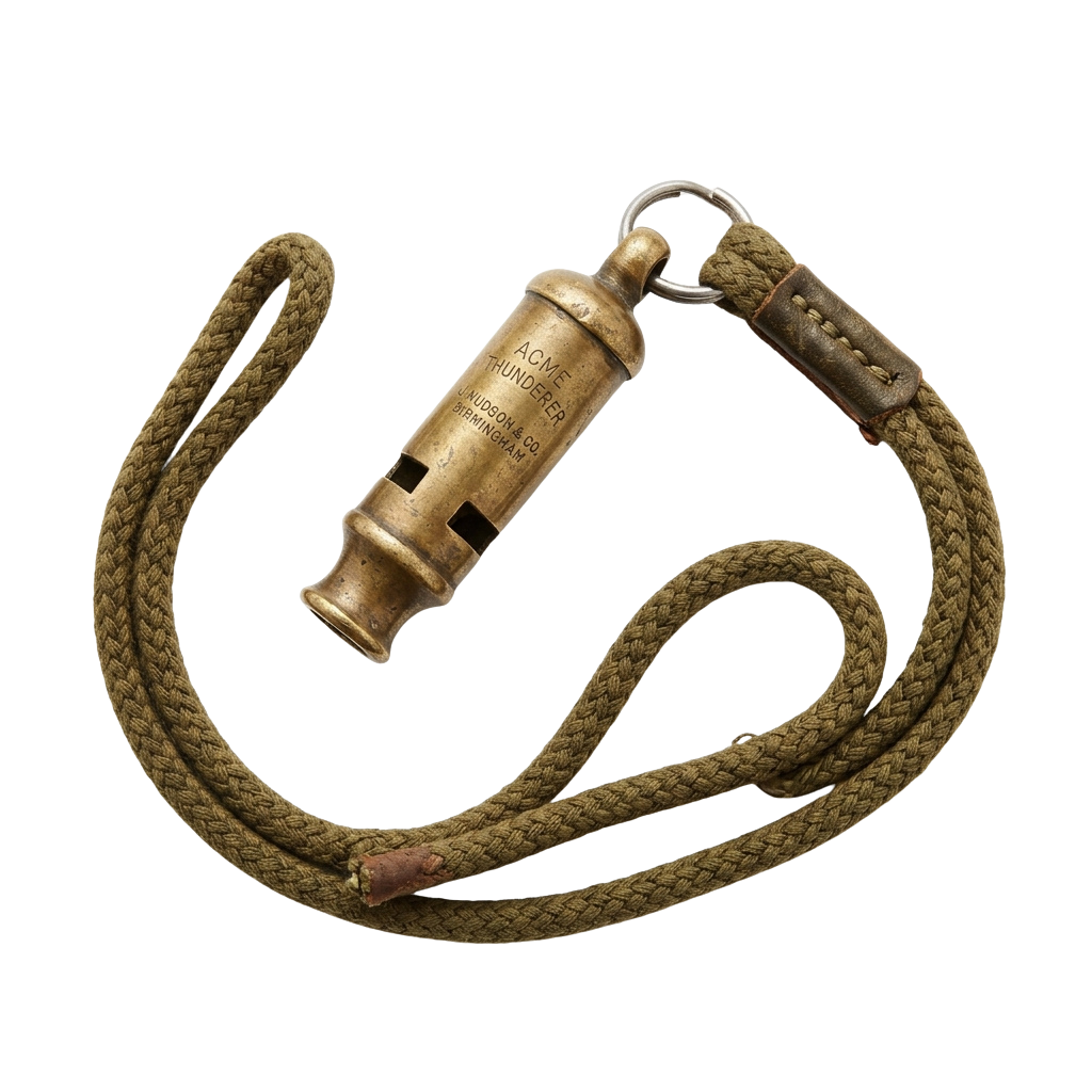 A brass whistle attached to a braided cord keychain.