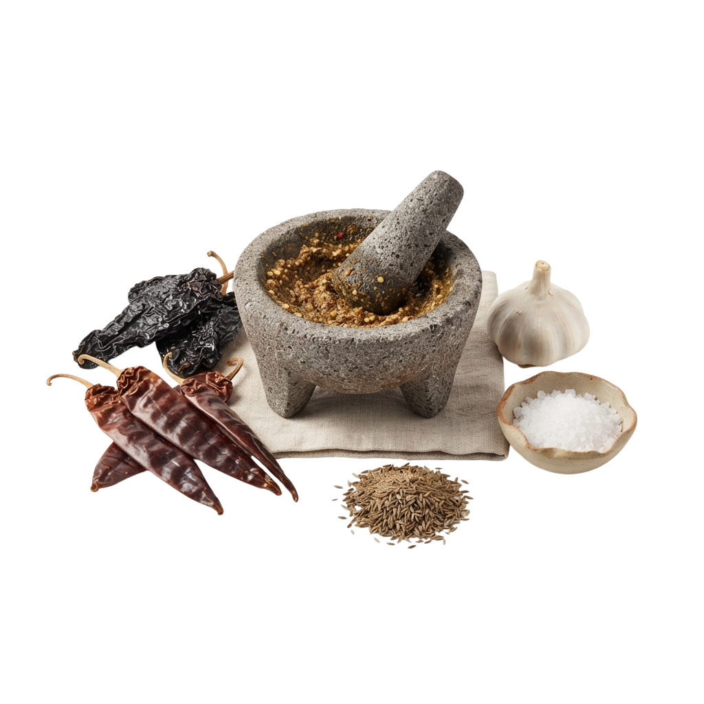 A mortar and pestle filled with spices, surrounded by dried chili peppers, garlic, and salt.
