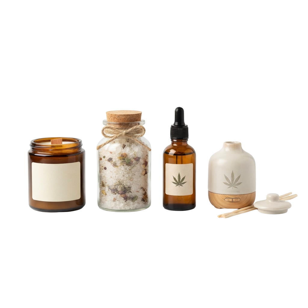 Four wellness products arranged on a black background including a candle, salt scrub jar, CBD oil dropper bottle, and diffuser with essential oil