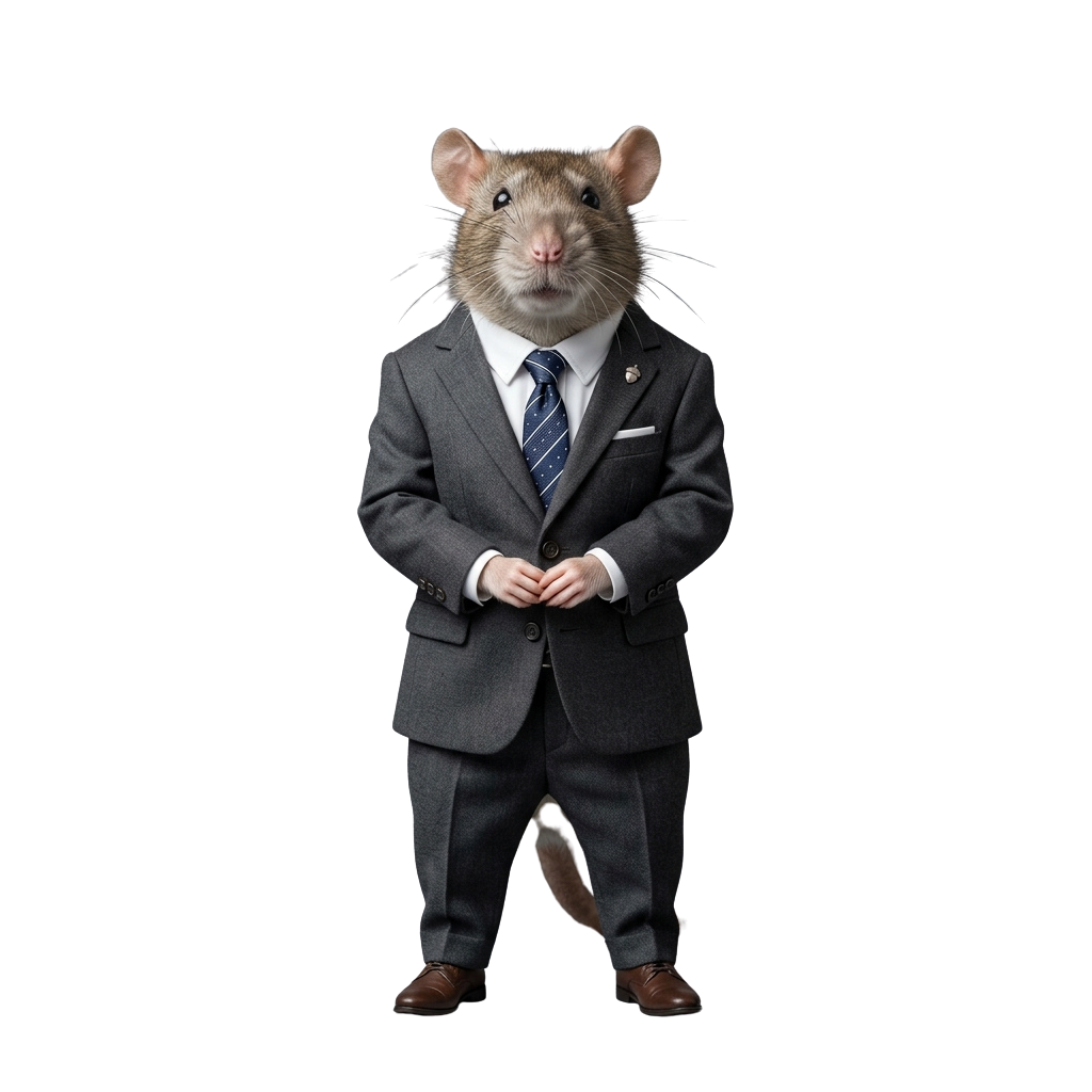 A rat dressed in a grey suit, white shirt, and tie standing formally against a black background