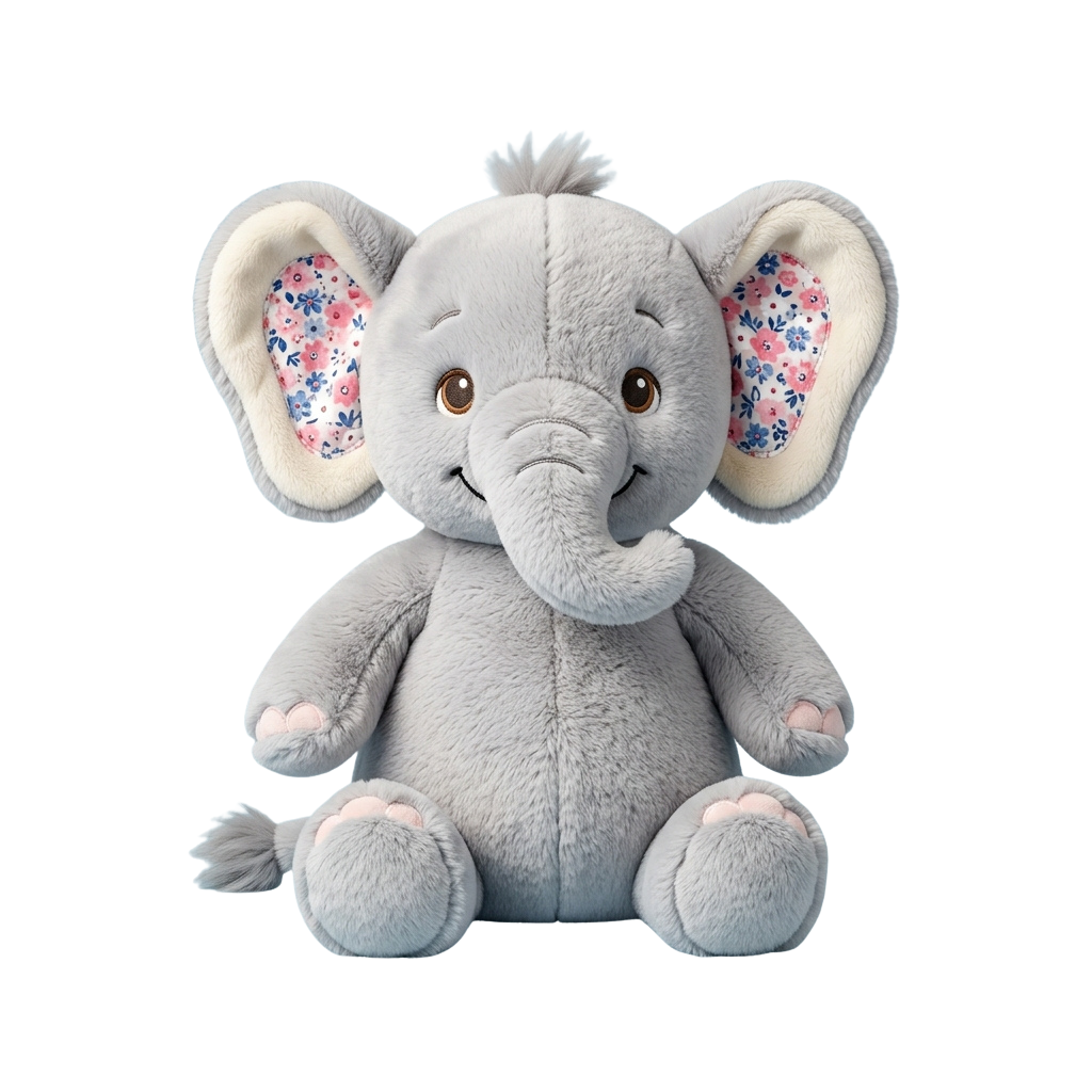 Grey plush elephant toy sitting, featuring floral-patterned patches on its ears and a soft, smiling face