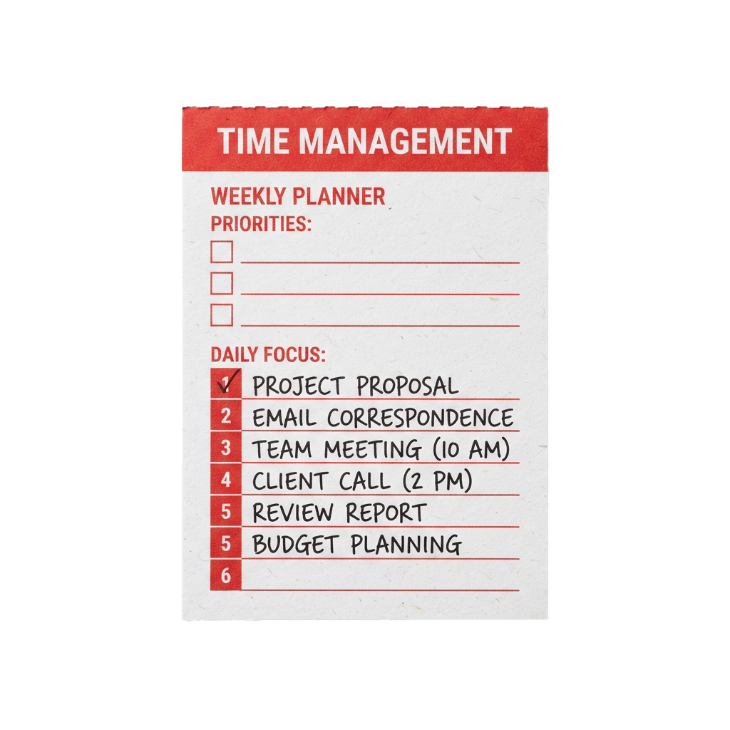 A time management weekly planner with daily focus tasks checklist and priorities section