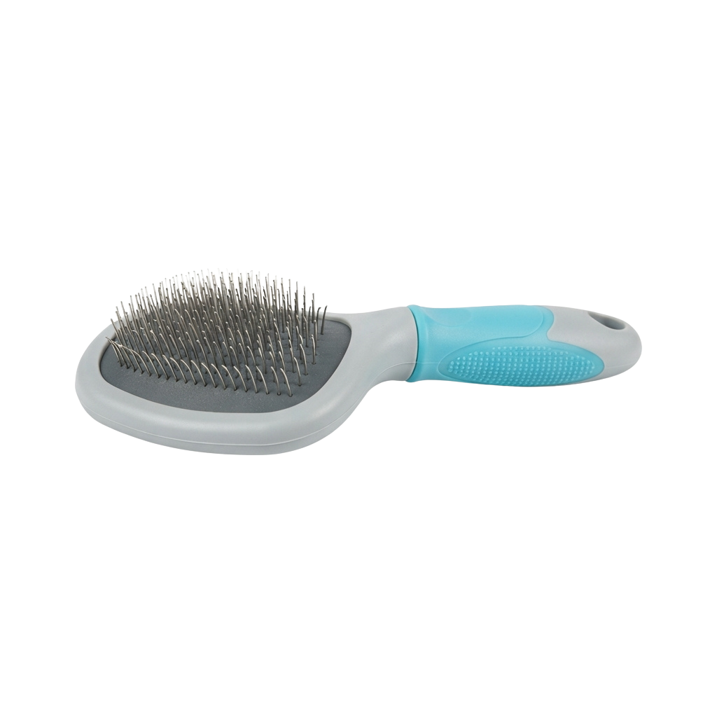 White and blue pet grooming comb with fine teeth and ergonomic handle